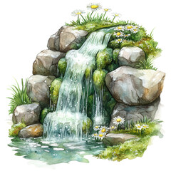 Wall Mural - A serene waterfall cascading over rocks surrounded by greenery and wildflowers.