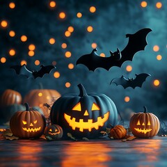 Wall Mural - Illuminated jack-o'-lanterns with bats and bokeh lights on dark background.