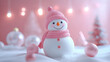 © Pui - snowman as a 3D animated character in a futuristic Christmas ad campaign, adorned with a pink scarf and hat, set against a soft pink background, embodying the joy of winter festivities.
