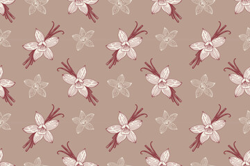 Wall Mural - Aromatic spices Vanilla pattern, white contour flowers and vanilla sticks on beige background.