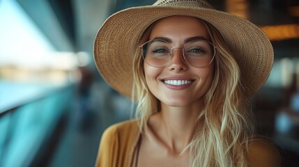 Wall Mural - portrait of young smiling woman traveler with hat, enjoying life