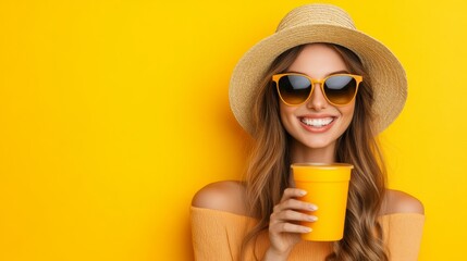 Wall Mural - A woman wearing a yellow hat and sunglasses is holding a cup of orange juice. She is smiling and she is enjoying her drink