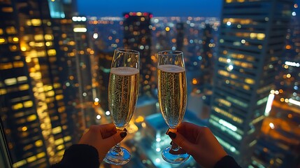 A rooftop celebration with two people clinking flutes of bubbly champagne, skyscrapers illuminated in the distance, Canon DSLR capturing the fine glass details and vibrant lighting,