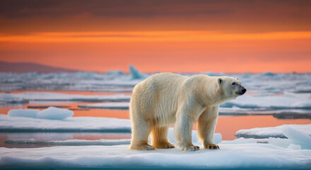 a polar bear standing on a melting iceberg under a dramatic sunset