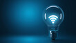 © Tech and Bussiness - Light Bulb with Glowing Wi-Fi Symbol, Wi-Fi symbol, wireless technology, blue gradient background. Light bulb with wifi symbol is glowing on blue background