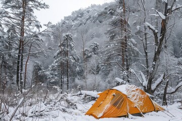 a hike in the forest with a tent on the shore of a reservoir or lake