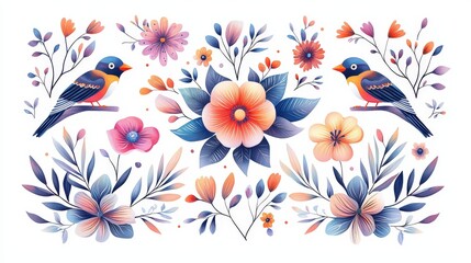 Wall Mural - A vibrant collection of hand-drawn birds and flowers, in the traditional ethnic folklore style with bold colors and detailed patterns, isolated on a white background.