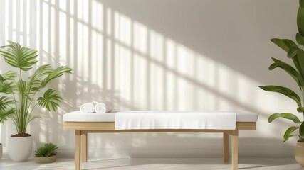 Poster - Sunlight streaming through a window illuminates a serene spa room featuring a wooden massage table draped in white, flanked by potted plants, creating a tranquil and inviting atmosphere