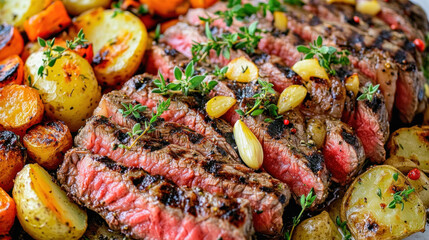 Poster - Sizzling grilled steak with roasted potatoes, carrots, and aromatic herbs