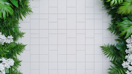 Poster - Lush greenery framing modern tile design indoor space nature inspired aesthetic viewpoint