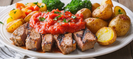 Wall Mural - Grilled pork chops with tomato sauce, roasted potatoes and broccoli served on white plate