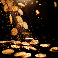 Poster - The background gold coins are pouring, Black background.