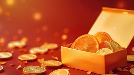 Poster - Inside the opened box is an orange voucher and a few gold coins, copy space.