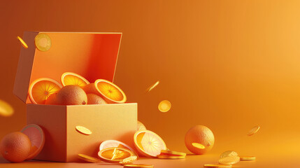 Poster - Inside the opened box is an orange voucher and a few gold coins, copy space.