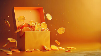 Poster - Inside the opened box is an orange voucher and a few gold coins, copy space.