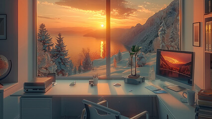 Poster - A very chill serene office, with a desktop computer, overlooking a sunset sea view with mountains.