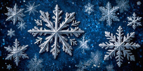 Wall Mural - magical white snowflakes over glitter blue dark background