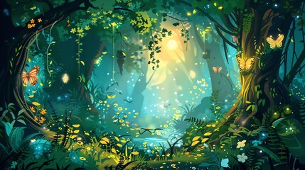 Wall Mural - A magical, glowing forest with butterflies and fireflies.