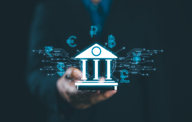 Aufkleber - Businessman use smartphone connect banking digital currency global hologram virtual business data, analysis paperwork graph charts, technology worldwide online link network, financial and investment.