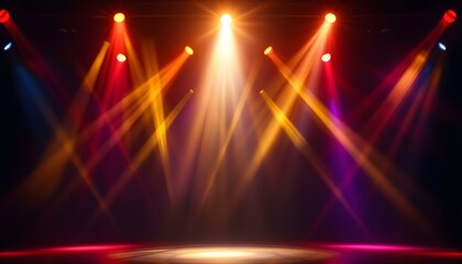 Wall Mural - Blurred empty theater stage with fun colourful spotlights, abstract image of concert lighting illumination background. Concert stage with effect LED lighting spotlights performance  wallpaper