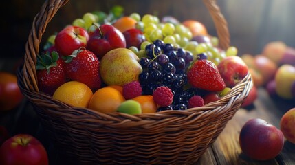 Wall Mural - Basket of fresh, vibrant fruits with a variety of flavors and colors. Perfect for healthy snacking or adding to recipes.