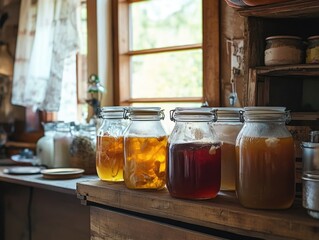 Wall Mural - Variety of homemade jams and jellies on counter.