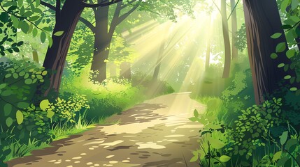 Wall Mural - A cartoon illustration of a path through a lush green forest.