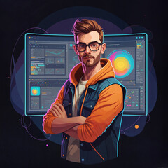 fashionable graphic programmer or designer against the background of a computer and futuristic interior . Generative AI