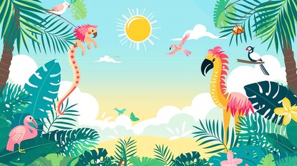  A cartoon illustration of a tropical jungle scene with a parrot, a flamingo, and other birds.