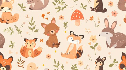  Seamless pattern with cute cartoon animals in a forest with leaves and flowers.