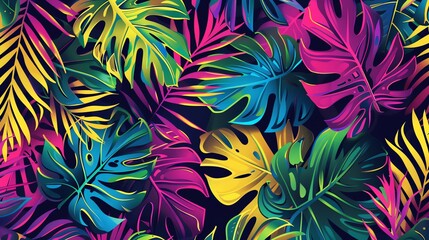 Wall Mural - A tropical seamless pattern with colorful leaves on a dark background.