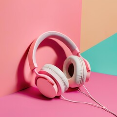 Auriculares de color rosa sobre fondo de colores