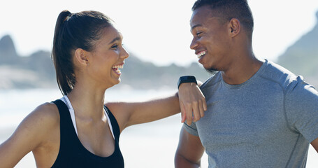 Poster - Couple, beach and break for exercise, training and fitness with laughing or cheerful as athlete. People, outdoor and happiness with support, sports and workout for running, bonding together or health