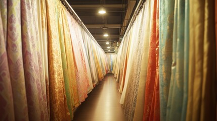 Sticker - A marketplace aisle lined with luxurious silk and brocade fabrics glowing under golden light.