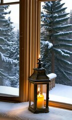 Poster - Warm candlelight glows inside a lantern, contrasting with the serene snowy landscape filled with tall evergreen trees