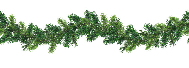 Wall Mural - green christmas branch garland in wavy seamless pattern isolated on white background