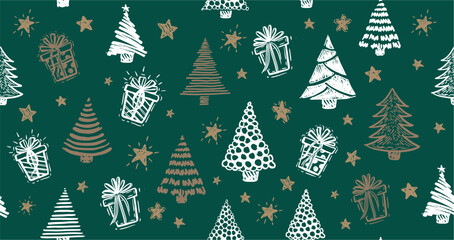 Wall Mural - new year set on green, christmas tree, hand drawn illustrations.