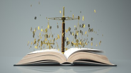 Sticker - Law Studies - 3D illustration. Golden scale with paragraphs and law book.