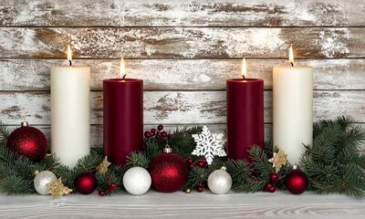 Wall Mural - Four beautifully arranged candles in red and white, surrounded by festive ornaments and greenery, create a warm holiday atmosphere