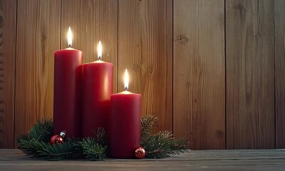 Wall Mural - Three red candles flicker gently on a wooden table, surrounded by evergreen sprigs and festive ornaments, perfect for holiday gatherings