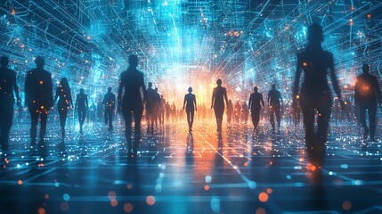 Digital silhouettes in futuristic network grid.