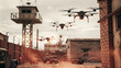 © NEW - swarm of drones transmits encrypted signals in secure military base, showcasing advanced technology and surveillance capabilities. scene is set against backdrop of watchtowers and vehicles