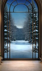 Poster - A serene view of a snow-covered pathway leading through trees, framed by a grand window adorned with warm lighting