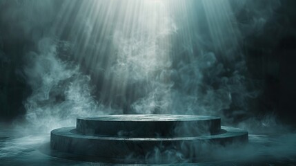 Wall Mural - Futuristic Metallic Podium in Dark Room with Spotlight and Mist