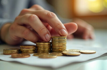 A focused close-up of a hand carefully stacking coins on a surface, symbolizing the principles of saving money, financial growth, and long-term investment strategies. Concepts of wealth management.