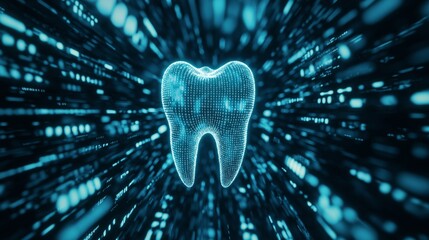 Digital tooth made of binary code surrounded by glowing blue data streams, symbolizing innovation in dental technology and modern oral health care