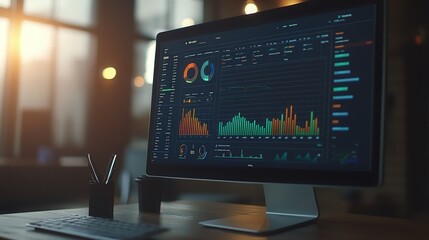 A computer screen is filled with vibrant data visualizations, displaying various graphs, charts, and infographics,