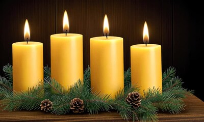 Wall Mural - Four vibrant yellow candles are elegantly displayed amidst fresh pine branches and cones, creating a warm and inviting festive setting