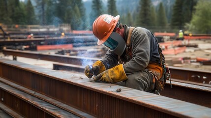 Wall Mural - welding steel beams together, wearing protective gear such as a welding helmet and gloves, creating a strong and secure framework for the building.