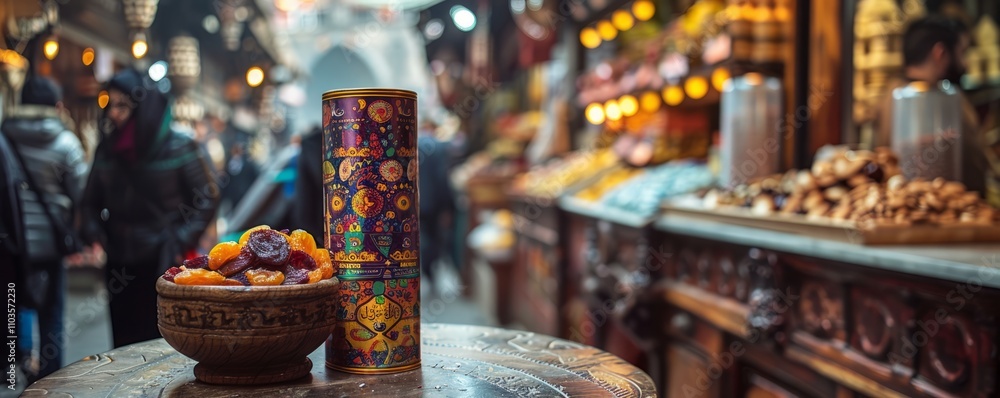 Cylindrical container of exotic dried fruit with a vibrant label and a ...